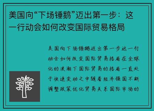 美国向“下场锤鹅”迈出第一步：这一行动会如何改变国际贸易格局